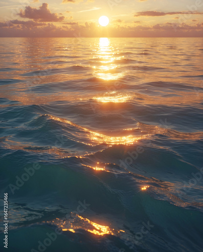 late afternoon sunlight glowing orange on ocean waves with twilight sparkles in peaceful golden hour seascape nature landscape wallpaper background