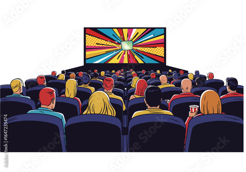 Audience Watching a Colorful Movie in a Theater with Pop Art Screen