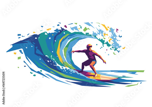 Stylized Surfer Riding a Colorful Wave Illustration
