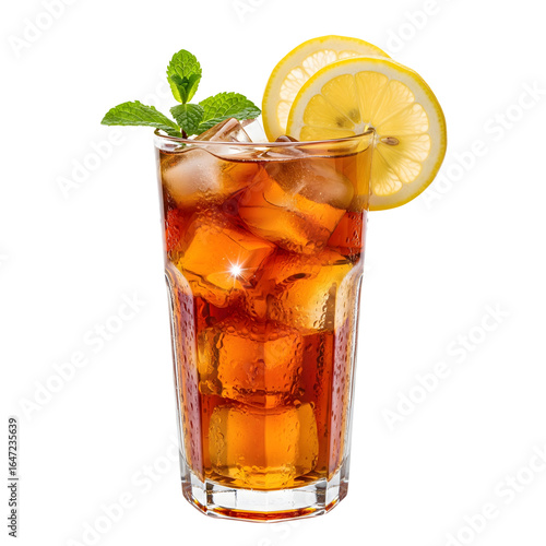 Refreshing iced tea in a glass with lemon and mint garnish isolated on transparent background