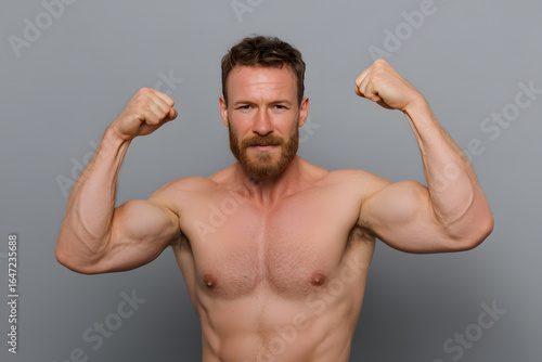 Muscular man flexing shirtless. Sports modeling image focused on strength, masculinity and fitness.