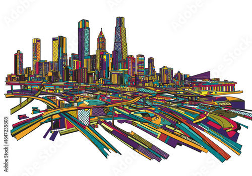 Colorful Abstract Cityscape with Elevated Highways Illustration