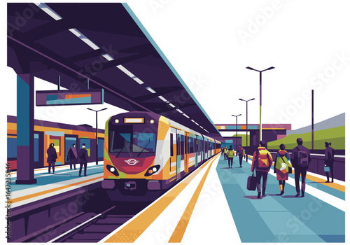 Modern Train at Station Platform with Commuters