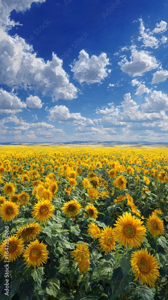 Obraz premium Sunflower field under blue sky with clouds scenic landscape summer nature photography background images stock photo