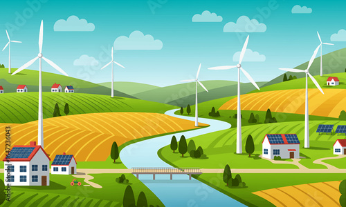 Idyllic rural landscape with wind turbines, eco houses, hills, and river in flat vector style.