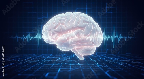 Brain with EKG Neuroscience Digital Illustration Blue Background.