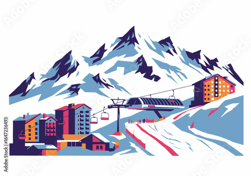 Colorful Ski Resort Scene with Mountain Backdrop and Lift