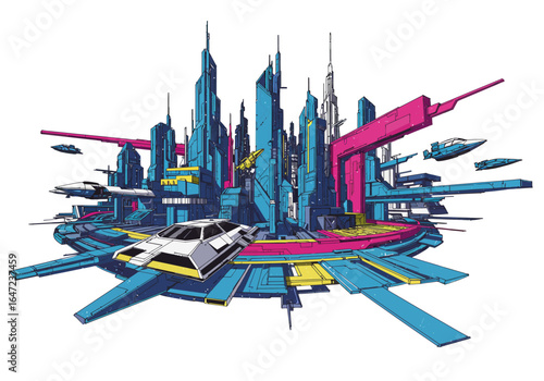 Futuristic Cityscape with Flying Vehicles and Vibrant Colors in a Stylized Design