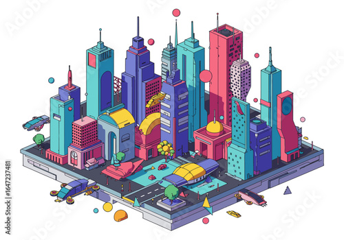 Isometric Futuristic Cityscape with Flying Vehicles and Colorful Buildings