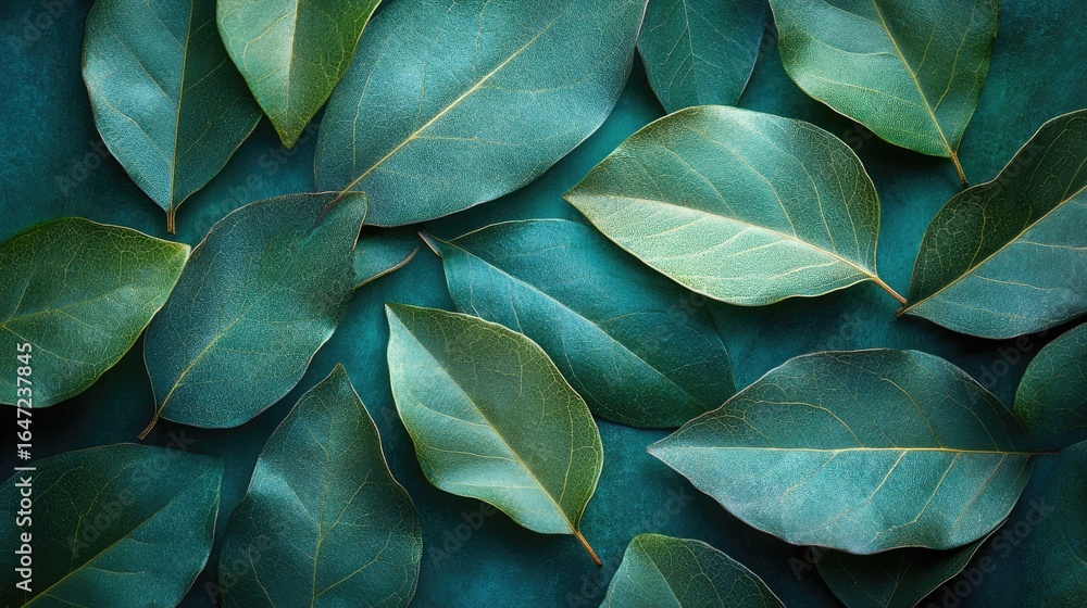 Obraz premium Elegant Tapestry of Textured Green Leaves on a Deep Teal Surface.
