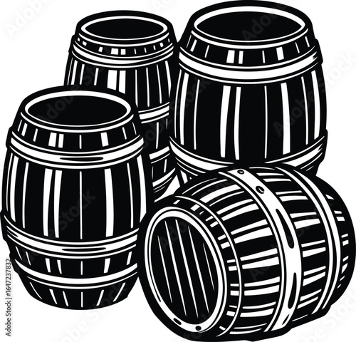 Hand Drawn Wooden Barrels Silhouette Vector, object, retro style, sign, painterly effect