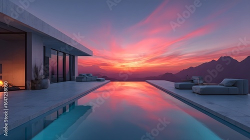 Stunning sunset over a luxury villa with an infinity pool