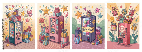 Colorful cartoon vending machines overflowing with gifts and decorations, inviting customers to buy now.