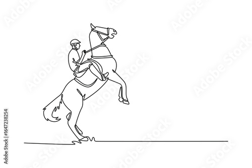 Continuous line drawing of male jockey riding powerful horse rearing on its hind legs, depicting moment of elegant power, grace, and the deep bond between rider and animal. Design vector illustration