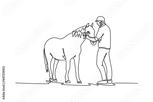 Continuous line drawing of happy man jockey affectionately patting his horse, depicting the serene partnership, trust, and deep bond shared between human rider and elegant animal. Vector illustration