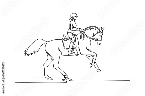 Continuous line drawing side view of female rider on elegant horse at a trot, depicting graceful partnership, skill, and deep connection of the equestrian sport and its discipline. Vector illustration