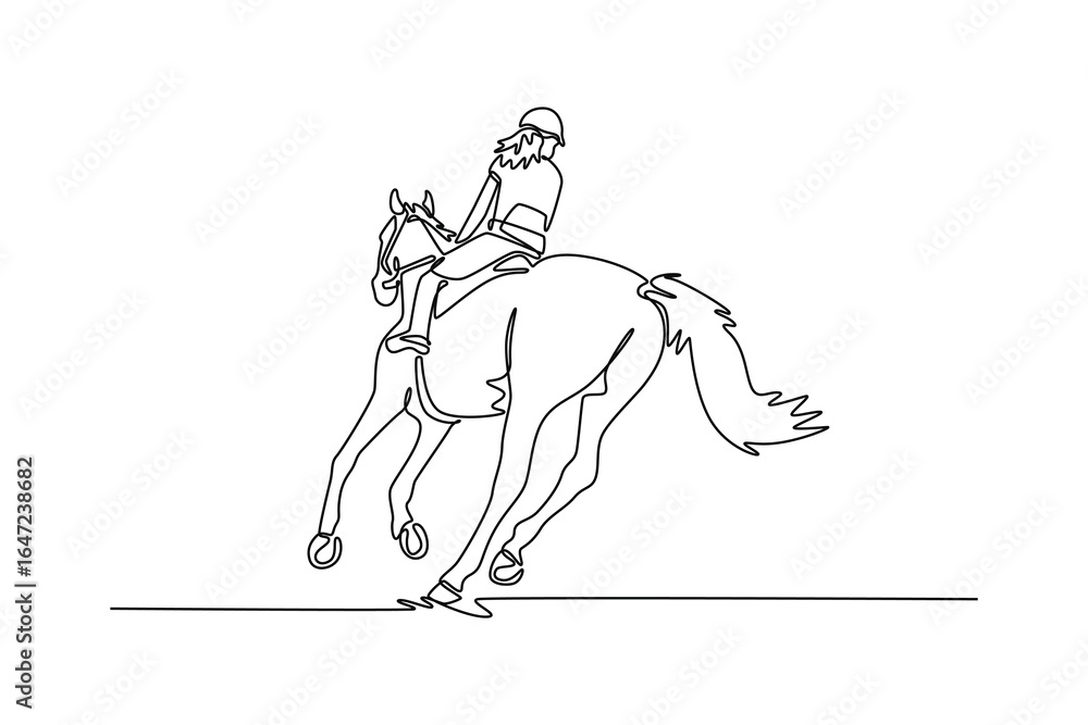 Fototapeta premium Continuous line drawing back view of beauty female jockey rider on a powerful horse at a full gallop, depicting the dynamic action, speed, and thrilling competition of the elegant sport of equestrian.