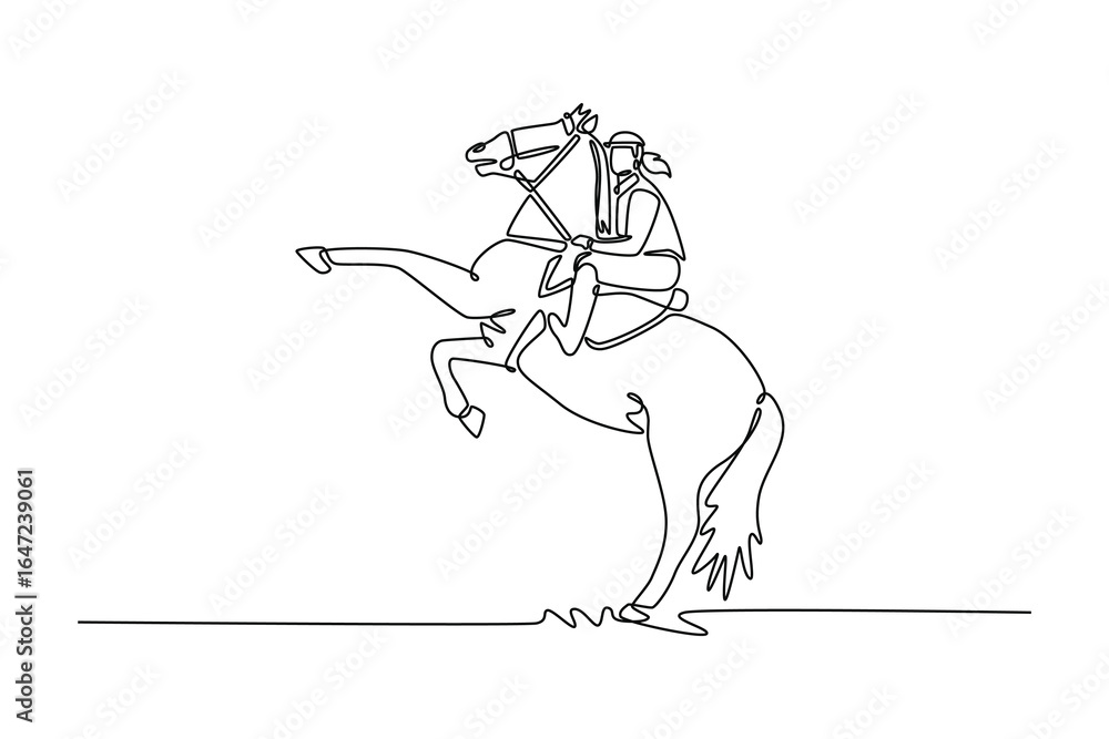 Fototapeta premium Single line drawing of professional woman jockey on a powerful horse rearing on its hind legs, depicting moment of elegant power, grace, and the deep bond between rider and animal. Vector illustration