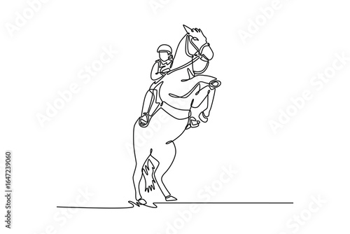 Single line drawing of sporty woman jockey riding powerful horse rearing on its hind legs, depicting moment of elegant power, grace, and deep bond between rider and animal. Design vector illustration