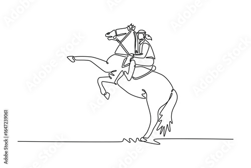Single line drawing of professional woman jockey on a powerful horse rearing on its hind legs, depicting moment of elegant power, grace, and the deep bond between rider and animal. Vector illustration