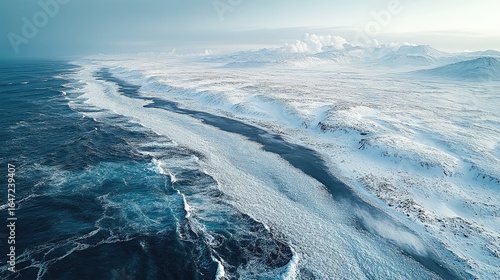 Wallpaper Mural Aerial View of Icy Coastline: Ocean Meets Snowy Landscape Iceland. Torontodigital.ca
