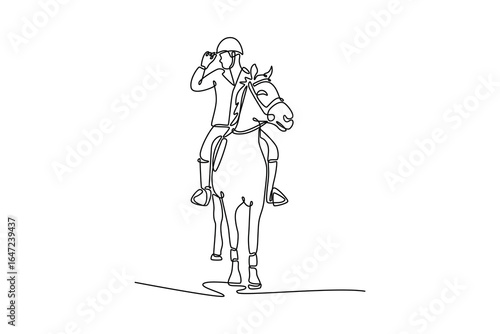Single line drawing of man on an elegant horse, adjusting his helmet, depicting a calm moment of preparation and the graceful, trusting partnership of the equestrian sport. Design vector illustration