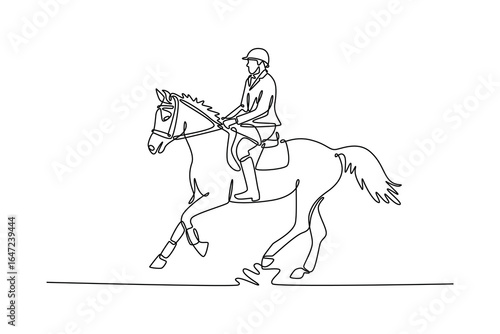 One line drawing of man riding an elegant horse at a trot, depicting the graceful partnership, skill, and deep connection of the equestrian sport and its discipline. Hobby, training, healthy lifestyle