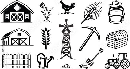 Charming collection of rustic farm icons, perfect for agricultural branding and country living themes.