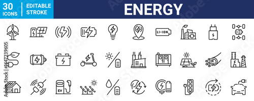 Energy web line icons. Charging. Containing charge, battery, energy, electricity, charger, recharge, electric car. Vector illustration. Editable stroke.