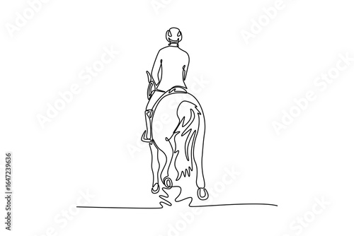 One line drawing of a human rider on an elegant horse, viewed from the back, depicting the peaceful partnership, trust, and graceful relationship of the equestrian sports. Design vector illustration