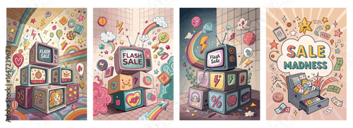 Colorful and playful illustrations showcasing a flash sale theme with vibrant designs and fun elements.
