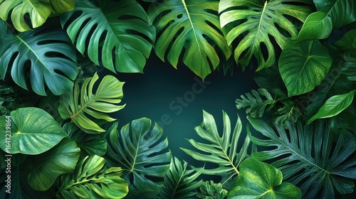 Emerald and Lime Monstera Leaves Forming a Natural Vignette on a Dark Teal Backdrop.