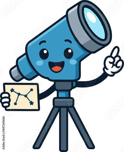 Adorable cartoon telescope character holding a star map, perfect for astronomy education, stargazing concepts, science illustrations, and space exploration themes.