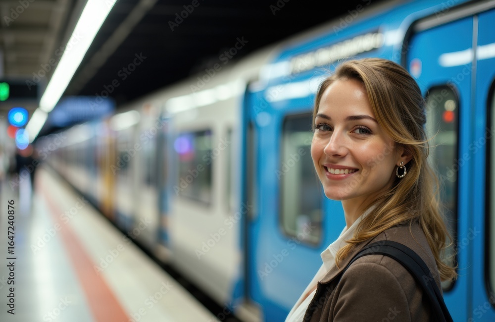 Obraz premium Woman smiling at subway station with train in background