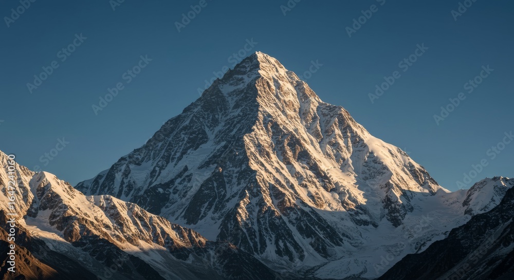 Fototapeta premium K2 mountain peak under clear blue sky, sunlit ridges