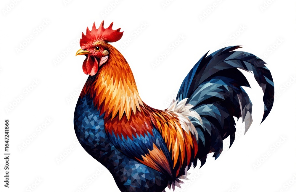 Fototapeta premium A colorful rooster with vibrant feathers and a proud stance on a white background