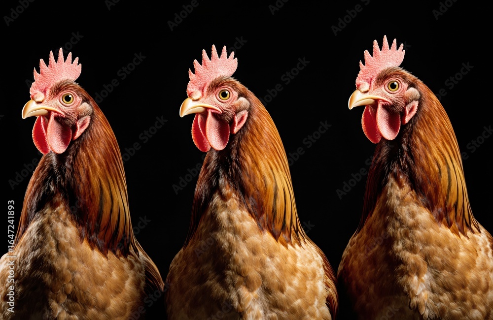 Naklejka premium Three chickens with expressive faces and open beaks against a black background