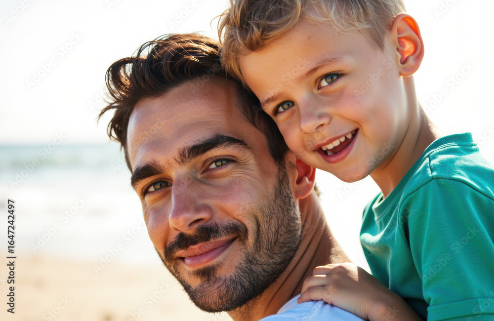 Fototapeta premium A man and a young boy smile happily together outdoors on a sunny day