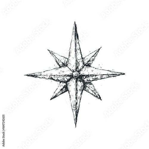 Hand drawn eight point star symbol sketch with textured detail