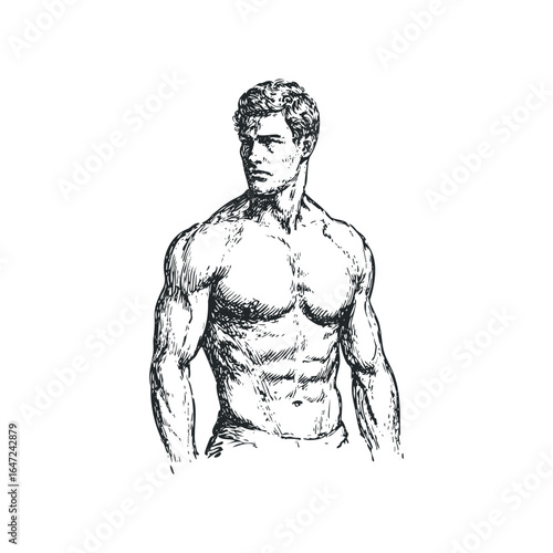 Muscular man with curly hair looking away with defined abs