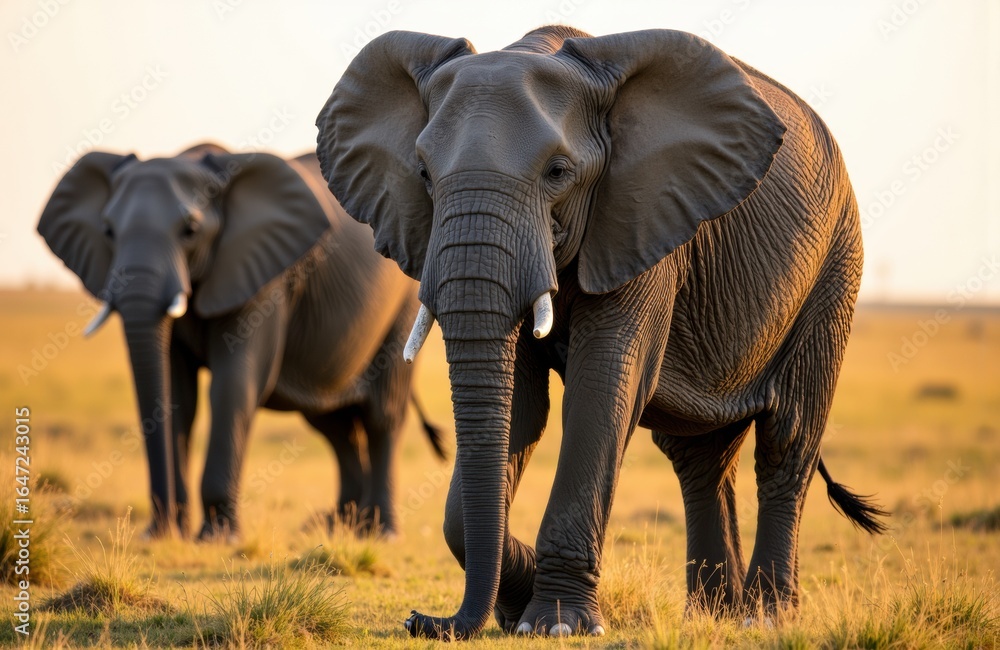 Fototapeta premium A group of elephants walking across a grassy plain during sunset
