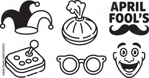 April Fool's Day Icons Set Silhouette Style Jester Hat Onion Mustache Controller Glasses