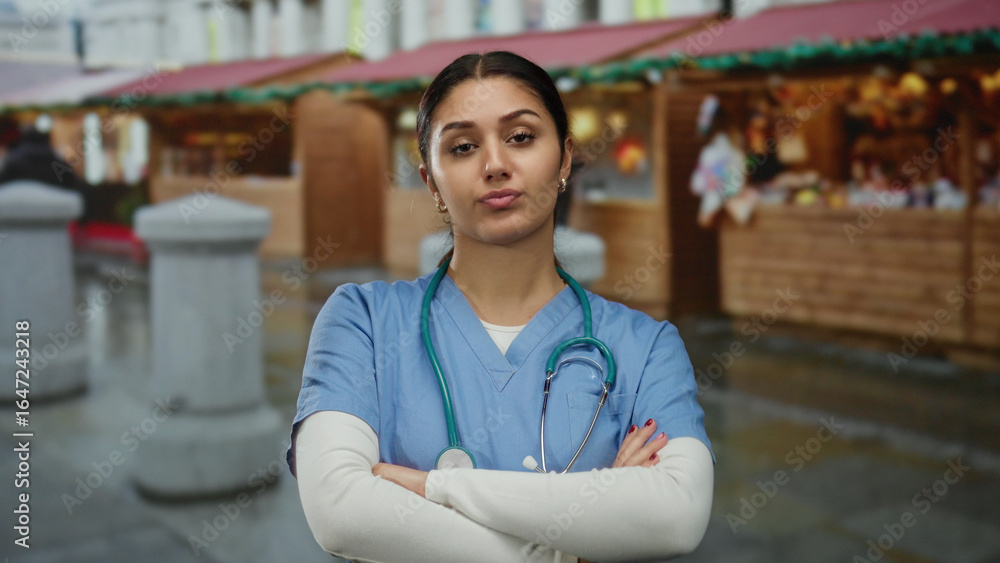 Fototapeta premium Young hispanic woman nurse in blue scrubs with stethoscope standing confidently in outdoor street market setting.