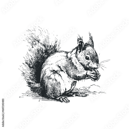 Detailed ink sketch of a squirrel holding food in its paws