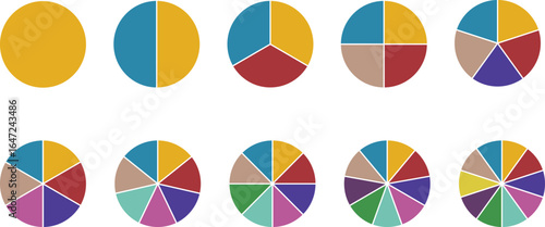 Circle pie chart diagram. Circle division infographic icon set. Loading bar set diagram multicolored collection. Pie chart divided 1,2,3,4,5,6,7,8,9,10, equal parts.