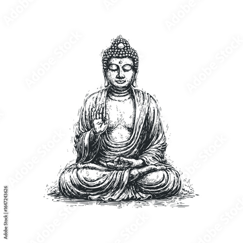 Meditating Asian figure in traditional robes with serene expression and symbolic gesture