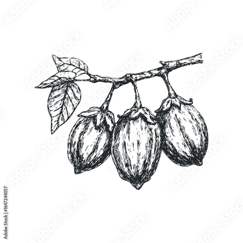 Three ripe eggplants hanging from a vine with leaves