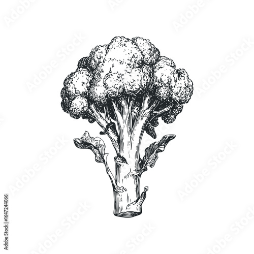Vintage hand-drawn broccoli with leaves and stalk