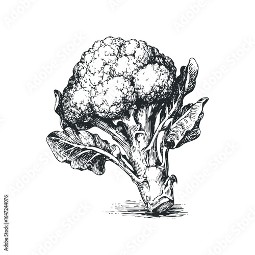 Detailed ink sketch of a fresh cauliflower with leaves on a white background
