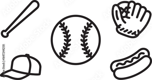 Baseball Icons Set Bat, Ball, Glove, Hot Dog, and Cap Vector Illustration for Sports Design
